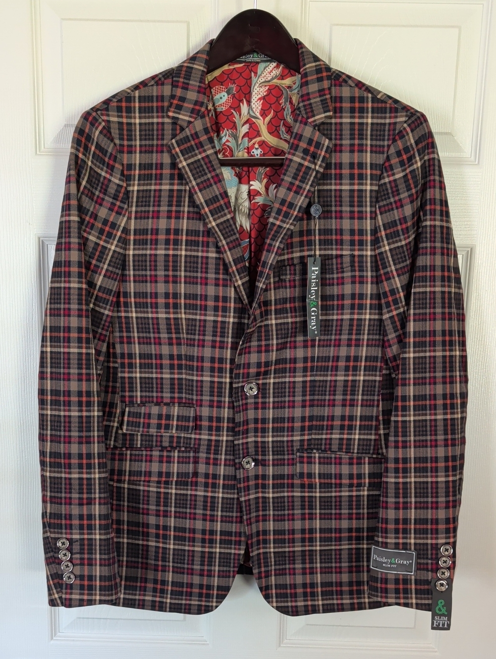 New Men's Paisley & Gray Slim Fit Blazer Multicolor Tartan Plaid Size 38R